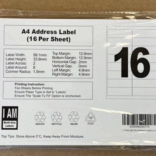 White A4 Perm Self Adhesive Labels 16 Labels Per Sheet