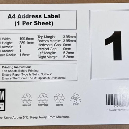 White A4 Perm Self Adhesive Labels 1 Label Per Sheet