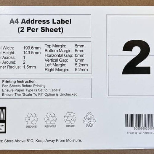 White A4 Perm Self Adhesive Labels 2 Label Per Sheet