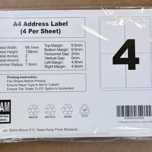 White A4 Perm Self Adhesive Labels 4 Labels Per Sheet
