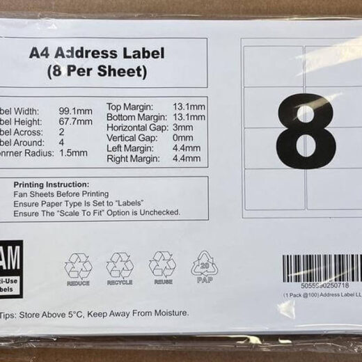 White A4 Perm Self Adhesive Labels 8 Labels Per Sheet